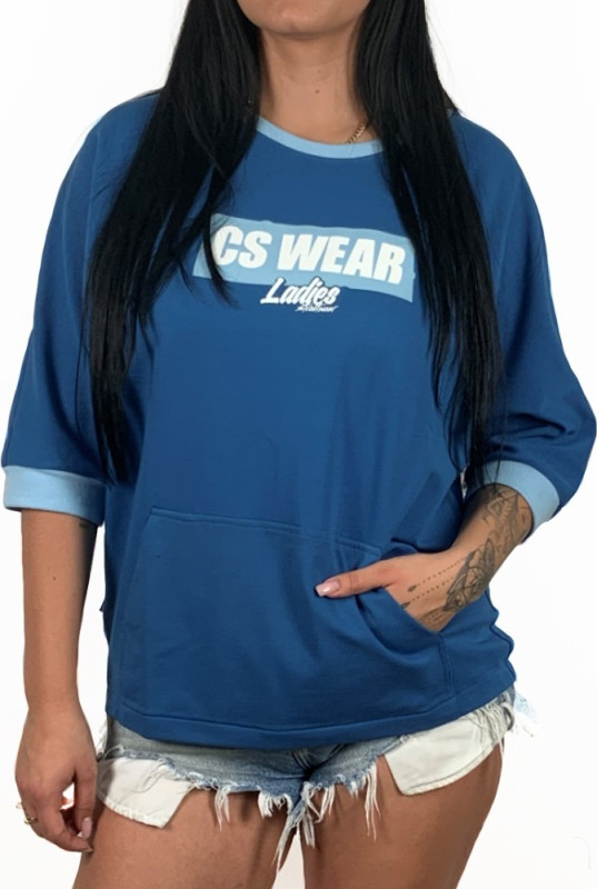 BLUZA DAMSKA OVERSIZE RĘKAW NIEBIESKA - JASNY BŁĘKIT