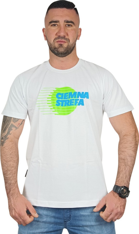 T-SHIRT BIAŁY CIEMNA STREFA GLOB / NEON-NIEBIESKI