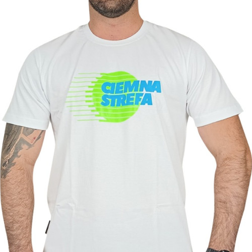 T-SHIRT BIAŁY CIEMNA STREFA GLOB / NEON-NIEBIESKI