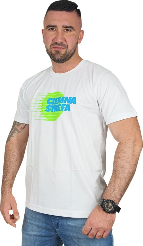 T-SHIRT BIAŁY CIEMNA STREFA GLOB / NEON-NIEBIESKI