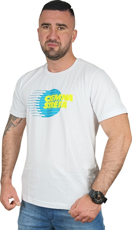 T-SHIRT BIAŁY CIEMNA STREFA GLOB / TURKUS-ŻÓŁTY