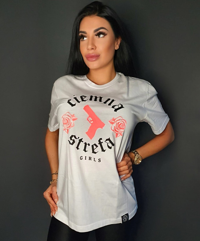T-SHIRT DAMSKI BIAŁY CIEMNA STREFA GUN - POMARAŃCZ