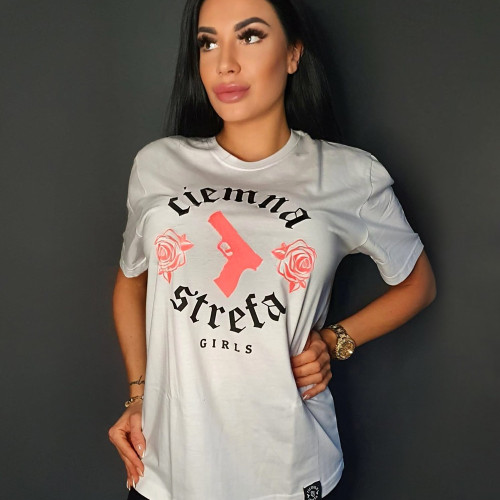 T-SHIRT DAMSKI BIAŁY CIEMNA STREFA GUN - POMARAŃCZ