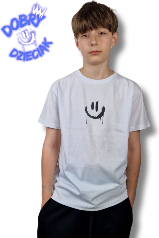 T-SHIRT DOBRY DZIECIAK SMILE - BIAŁO/NIEBIESKI